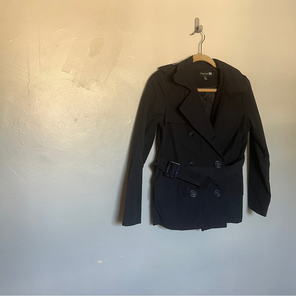Forever 21 F21 Navy Blue Short Trench Raincoat Jacket w Belt, Size Small - Picture 5 of 10